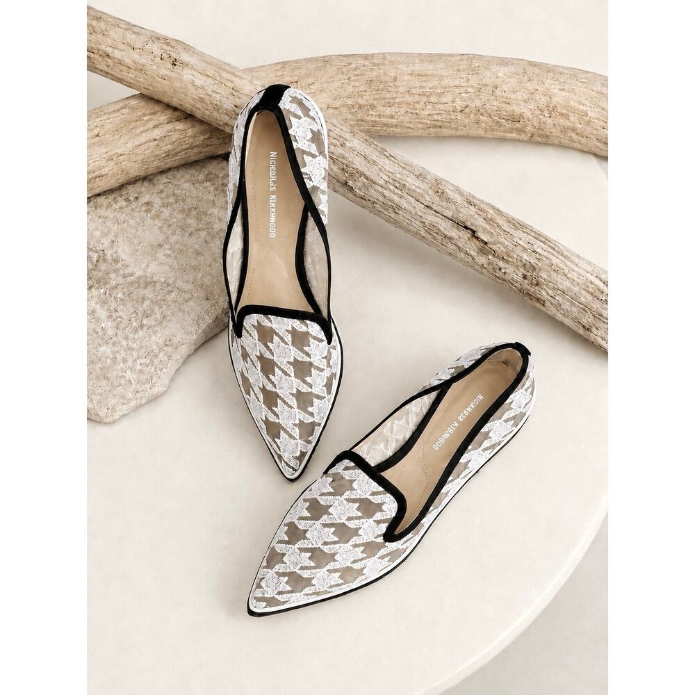 Nicholas Kirkwood Alona Houndstooth Embroidered Mesh Pointed Toe Smoking Flats